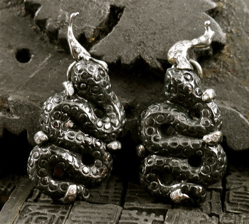 Lucifer Vir Honestus Snake Earrings with 18K Blackened Gold, Carved Jade, and Diamonds