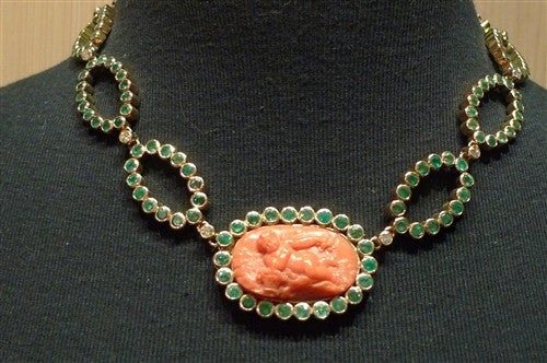 Estate Venetian 18K Yellow Gold, Emerald, Carved Coral, and Diamond Necklace