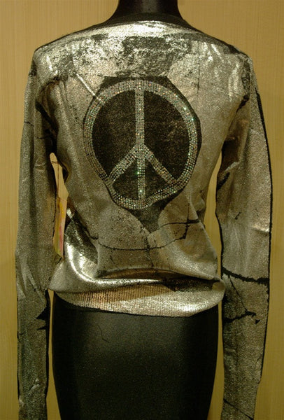 And Cake Black Cashmere Sweater with Silver Metallic Paint Silkscreen and Swarovski Peace Sign Back