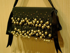 Bernard Chandran Black Silk, Golden Pearls, and Crystal Evening Bag