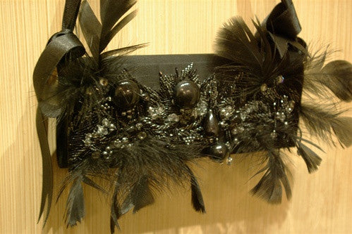 Bernard Chandran Black Silk, Black Beads, Feathers, and Clear Crystal Evening Bag