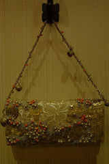 Bernard Chandran Embellished Cream Silk, Golden Paillettes, Brass Bells, and Coral Beads Evening Bag
