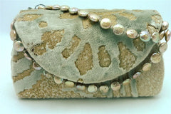 Corem Rose Silk Velvet Small Handbag in Soft Gray and Tan with Golden Pearls as Strap
