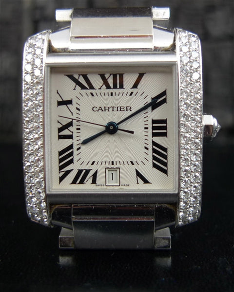 Cartier 18K White Gold Tank Francaise Watch with Diamond Bezel