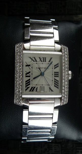 Cartier 18K White Gold Tank Francaise Watch with Diamond Bezel