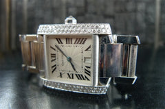 Cartier 18K White Gold Tank Francaise Watch with Diamond Bezel
