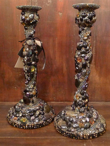 Pair of Handsigned Cloutier Custom Gem and Crystal Encrusted Candlesticks