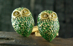 Cufflinks Green Enamel on 18K Yellow Gold with Diamond Eye Owls