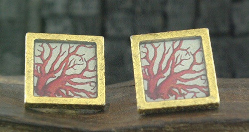 John Wind Goldtone Cufflinks with a Red Coral Branch Design on Cream Background