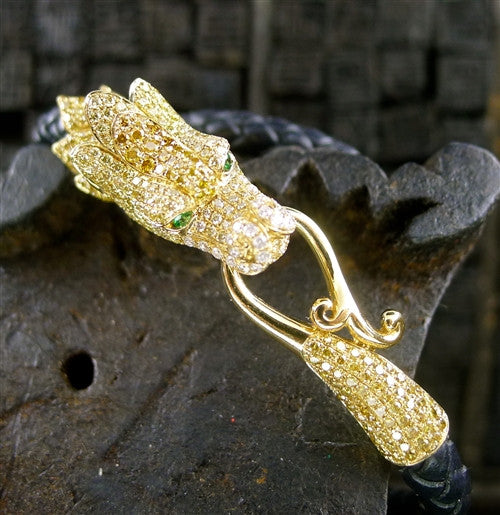 Wendy Yue 18K Yellow Gold and Diamond Dragon Bracelet on Braided Leather Strap