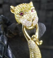 Wendy Yue 18K Yellow Gold and Diamond Tiger Bracelet on Braided Leather Strap