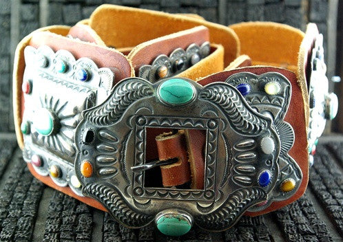 Old Pawn Navajo Silver Concho Belt with Turquoise, Lapis and Coral Stones on New Strap