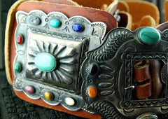 Old Pawn Navajo Silver Concho Belt with Turquoise, Lapis and Coral Stones on New Strap