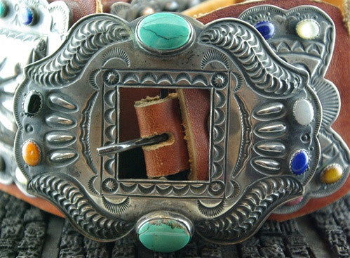 Old Pawn Navajo Silver Concho Belt with Turquoise, Lapis and Coral Stones on New Strap