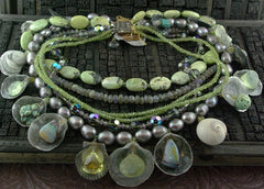 LA Moonstones, Opals, Chalcedony  Graduating Strands of  Shell, Bead, and Stone Necklace