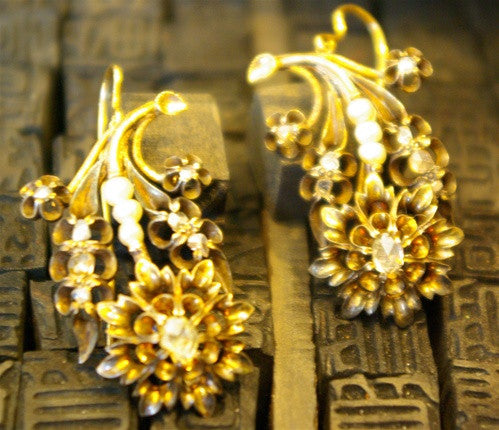 Victorian Gold, Seed Pearl, and Diamond Earrings