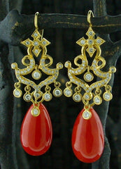 Erica Courtney 18K Yellow Gold and Diamond Earrings with Fire Coral Drops