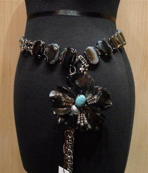 Iradj Moini Belt with Agate Segments, Obsidian Floral Brooch with Smoky Topaz  and Turquoise