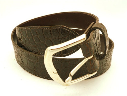 LAI Crocodile Skin Belt in Dark Brown with Silver Buckle