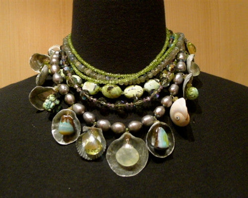 LAdams Diva Necklace of Shells, Opals, Chalcedony, Turquoise, Peridot and Pearls