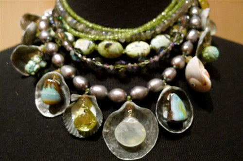 LAdams Diva Necklace of Shells, Opals, Chalcedony, Turquoise, Peridot and Pearls