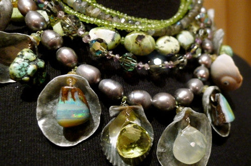 LAdams Diva Necklace of Shells, Opals, Chalcedony, Turquoise, Peridot and Pearls