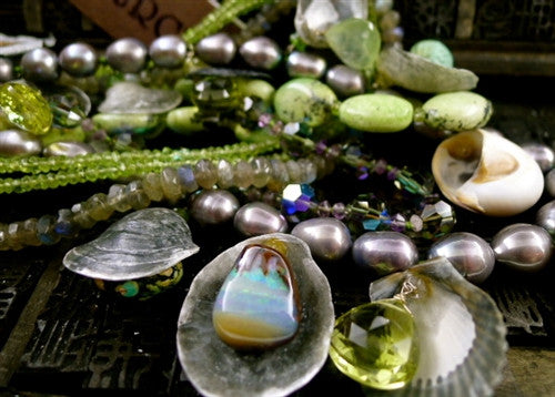 LAdams Diva Necklace of Shells, Opals, Chalcedony, Turquoise, Peridot and Pearls