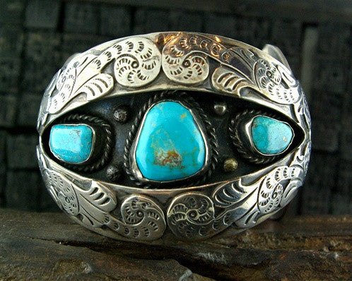 Old Pawn Silver and Turquoise Cuff Bracelet M J Signed
