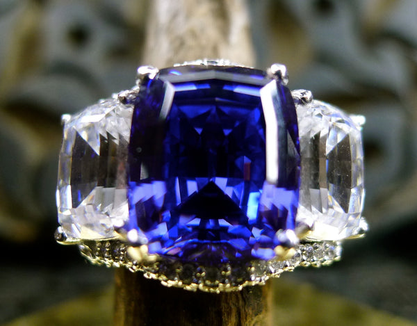 Jarin Kasi Synthetic Tanzanite (or Ceylon Sapphire) and Diamond (CZ) Ring