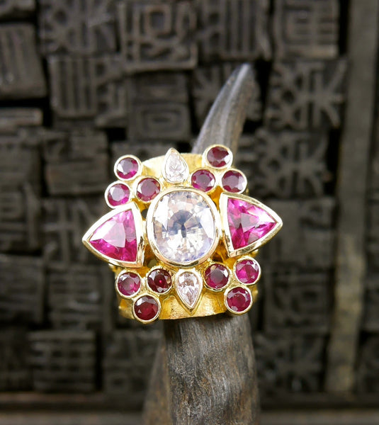 Paula Crevoshay Tourmaline, Ruby, Moonstone, and Diamond Ring in 18K Yellow Gold