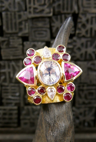 Paula Crevoshay Tourmaline, Ruby, Moonstone, and Diamond Ring in 18K Yellow Gold