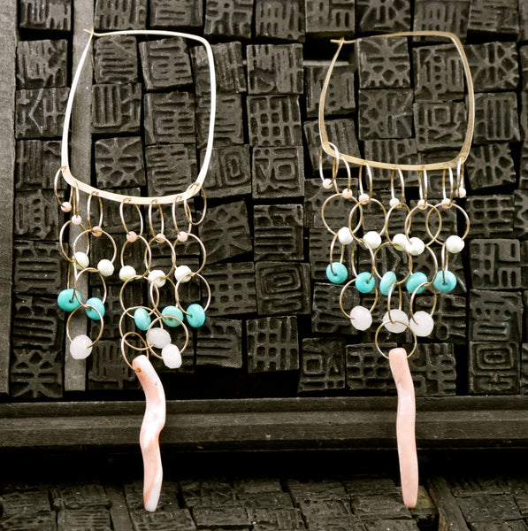 Melissa Joy Manning Gold, Turquoise and Coral Earrings