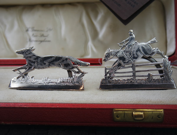Hand Engraved Sterling Silver Place "Fox Hunt" Card Holders circa 1913 with Chats