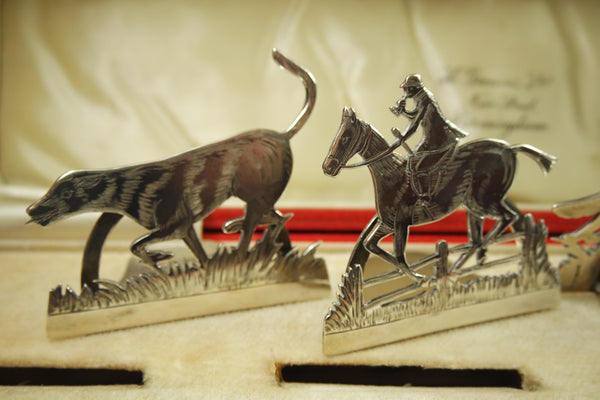 Hand Engraved Sterling Silver Place "Fox Hunt" Card Holders circa 1913 with Chats