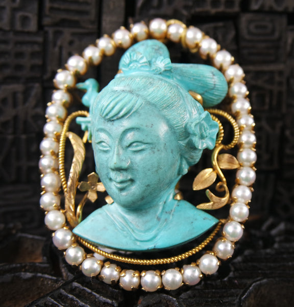 Estate Finely Carved Turquoise, and Pearl Brooch and Pendant