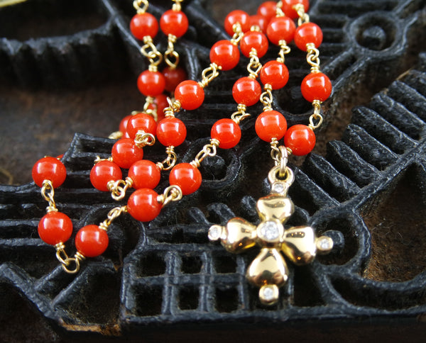 Erica Courtney 18K Yellow Gold, Coral and Diamond Cross Necklace