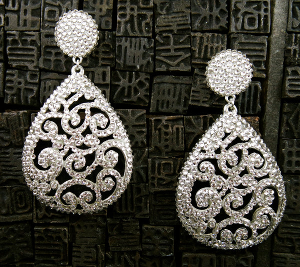 Roni Blanshay Open Lace Drop Crystal Earrings in Clear