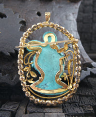 Estate Finely Carved Turquoise, and Pearl Brooch and Pendant