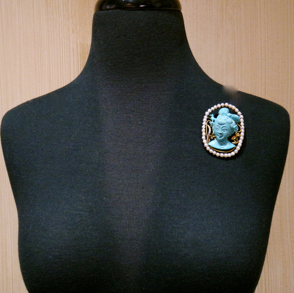 Estate Finely Carved Turquoise, and Pearl Brooch and Pendant
