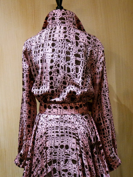 Jenny Packham Pink and Coco Brown Croc Printed Silk Belted Floor Length Shirt Dress