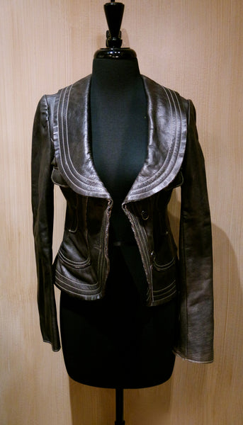 June Shawl Collar Cropped Leather Jacket with Topstitching
