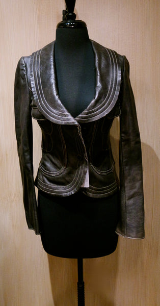 June Shawl Collar Cropped Leather Jacket with Topstitching