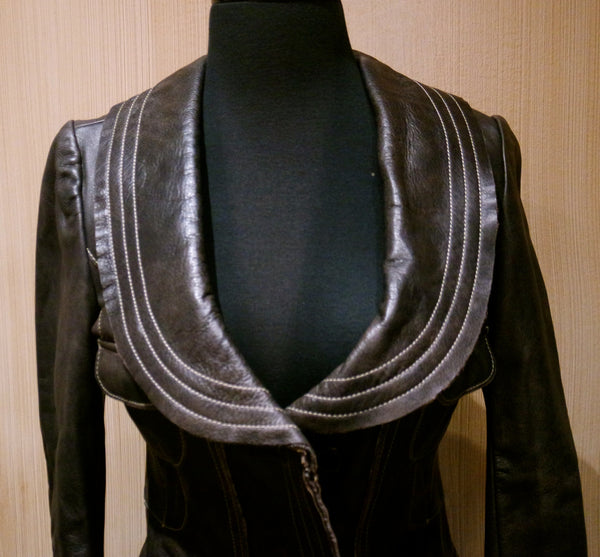 June Shawl Collar Cropped Leather Jacket with Topstitching