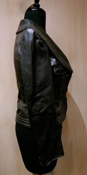 June Shawl Collar Cropped Leather Jacket with Topstitching