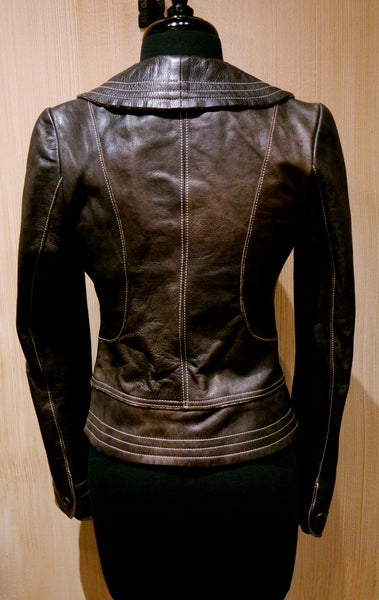 June Shawl Collar Cropped Leather Jacket with Topstitching