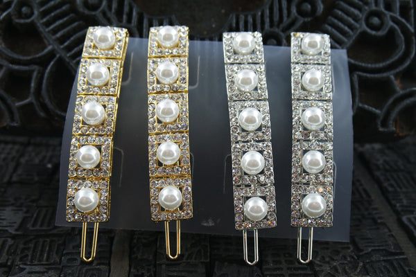 Pearl and Rhinestone Grid Hair Clips