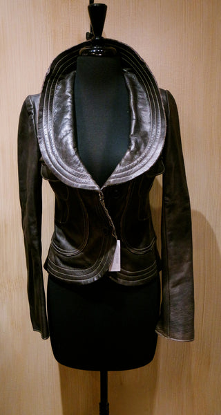 June Shawl Collar Cropped Leather Jacket with Topstitching