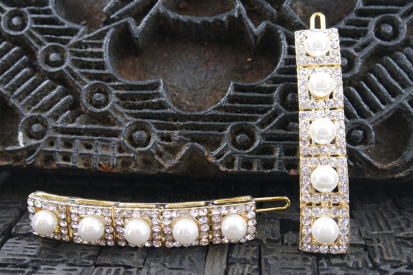 Pearl and Rhinestone Grid Hair Clips