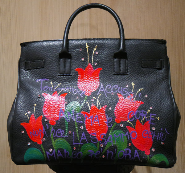 Hand Painted Suarez "Botero" Birkin Style Hand Bag with Couple Dancing and Spanish Love Quote