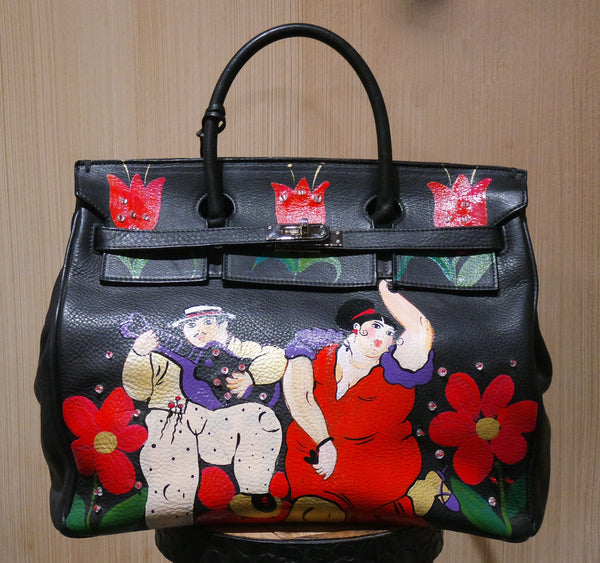 Hand Painted Suarez Botero Birkin Style Hand Bag with Couple